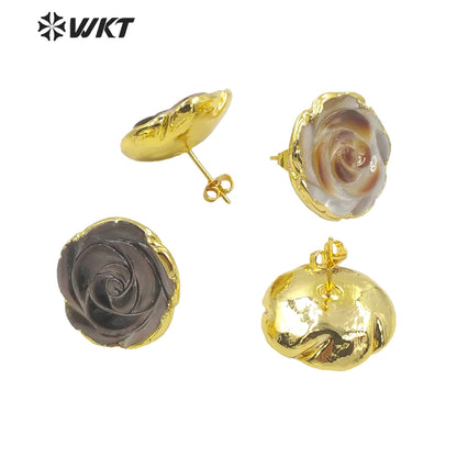 WT-MPE065 Lovely Shining Gold Electroplated Flower Shape Slice Fashion Shell Studs Earrings Women Gorgeous Flower Earrings