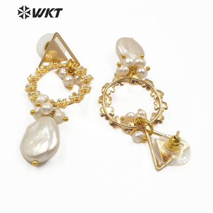 WT-MPE011 New Design Natural Freshwater Pearl Earring Elegant Charm Jewelry Flower Circle Pearl Dangle Earring