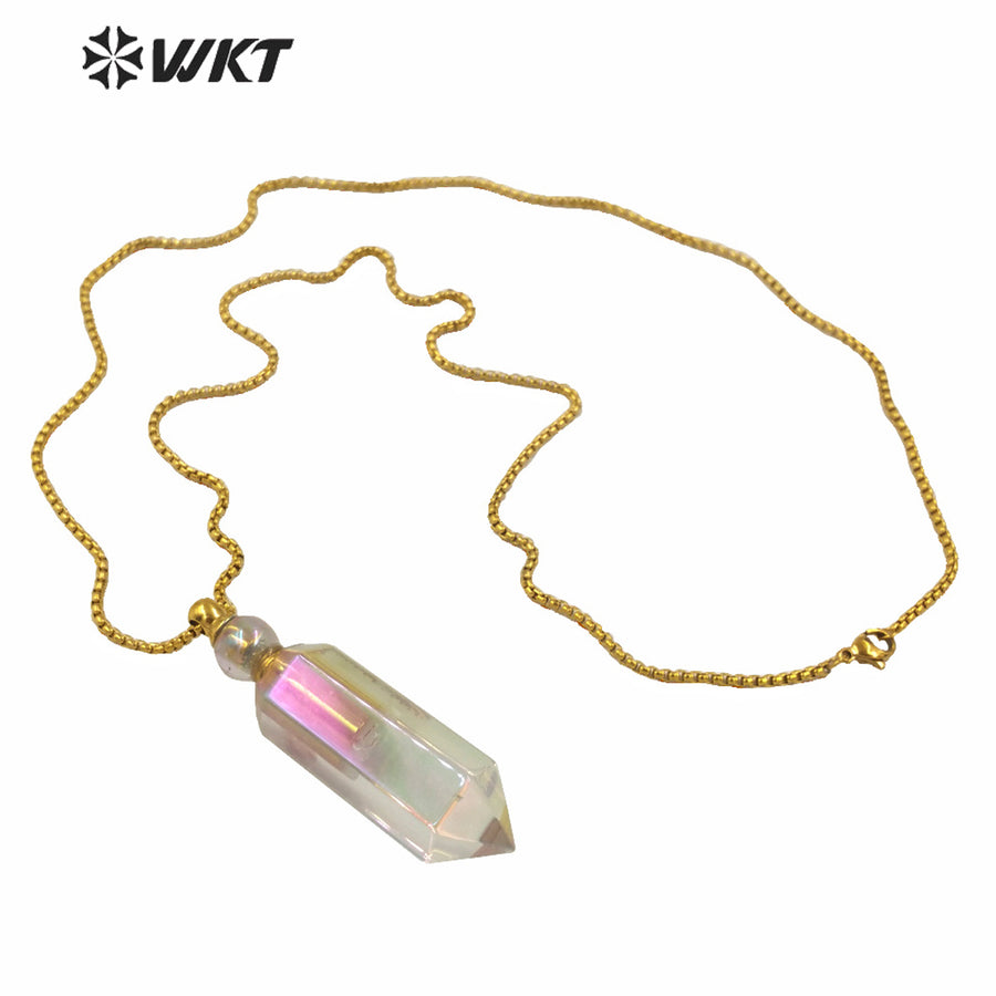 WT-N1261 Hot Sale Natural Crystal Quartz Point Essential Oil Necklace Stainless Steel Chain Natural Aura Perfume Bottle Necklace