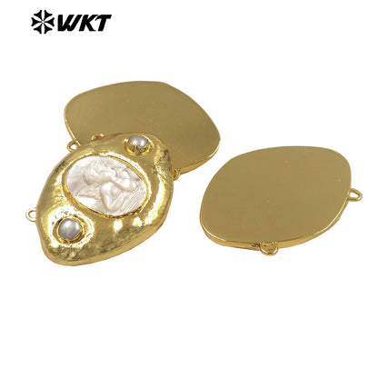 WT-PC020 Newest Gold Electroplated Mother Of Pearl Religious Patterns Charms Connector With Double Hoops For Necklace Handmade