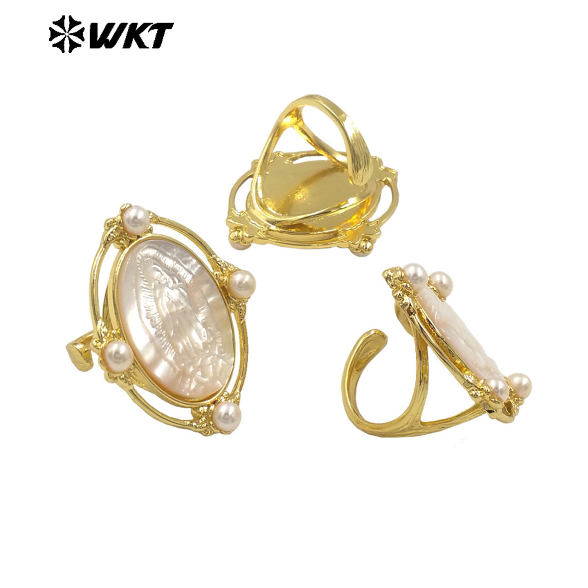 WT-MPR105 WKT Exclusive Newest 18K Real Gold Plated Oval Pearl Shell Virgin Mary Ring in Open Size Christian Jewelry