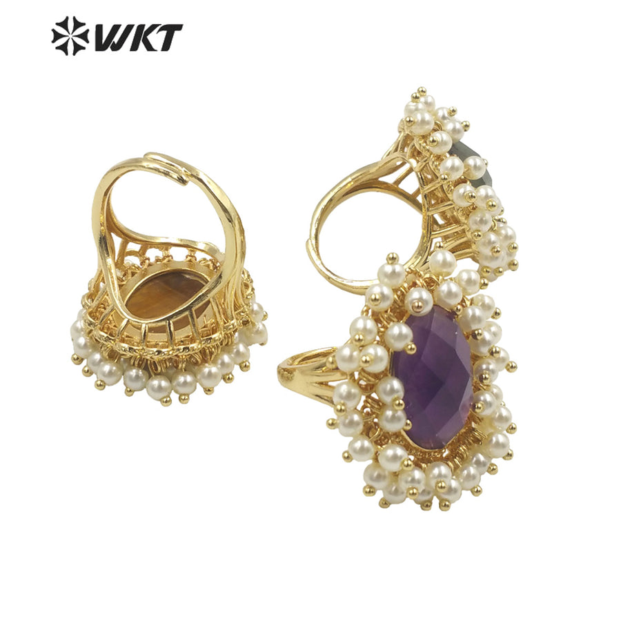 WT-MPR071 Gorgeous Trendy Fashion Natural Pearl and Gemstone Ring 18k Gold Plating for Women Lucky Unique Design Ring