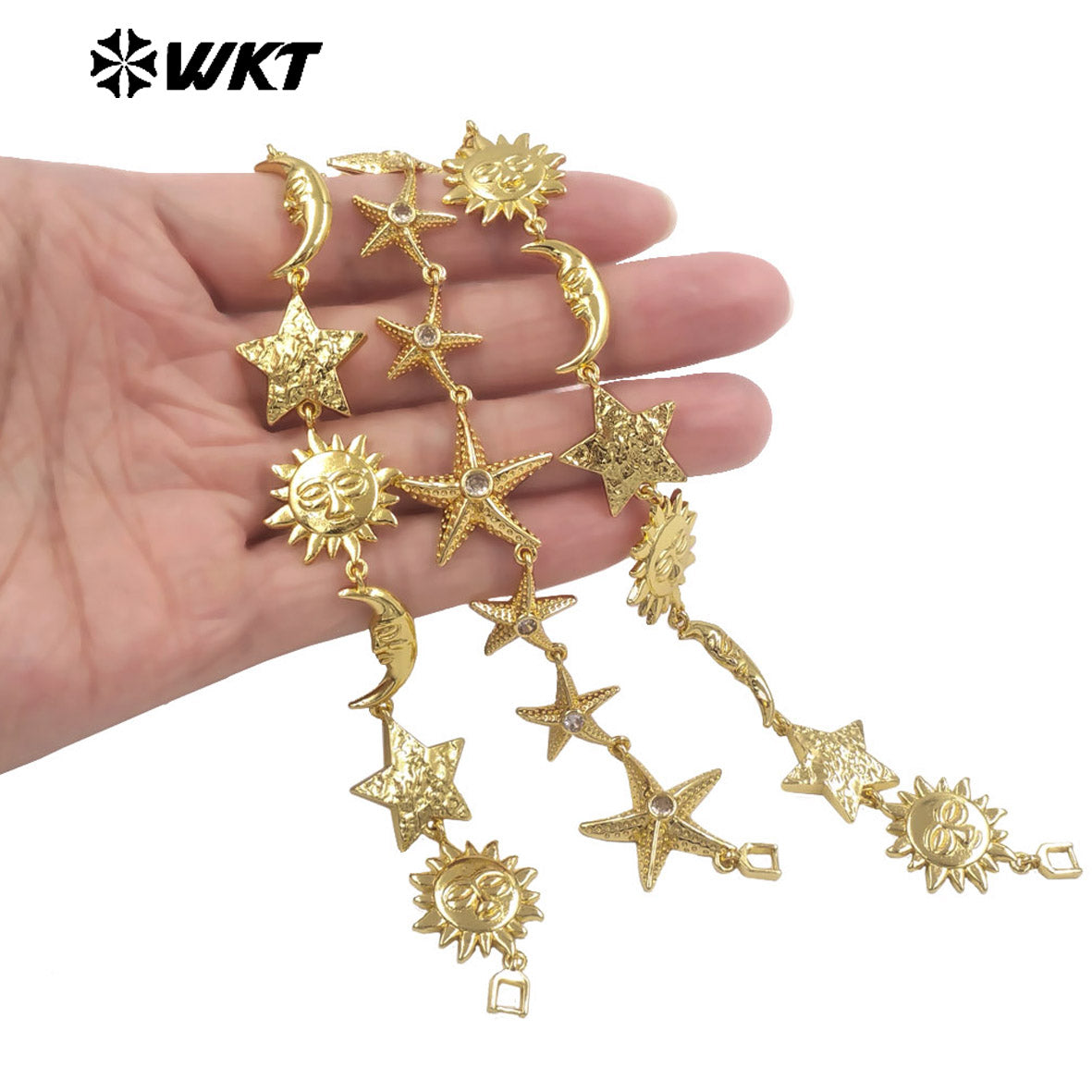 WT-JF373 Exquisite Gold Plated Metal Yellow Brass Moon Sun Star Charms Connected Bracelets For Friends Trendy Jewelry Gift