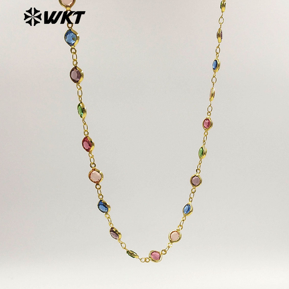 WT-BC281 Beautiful Colorful Round Crystal And Gold Electroplated Yellow Brass Metal Chain For Elegant Necklaces Making
