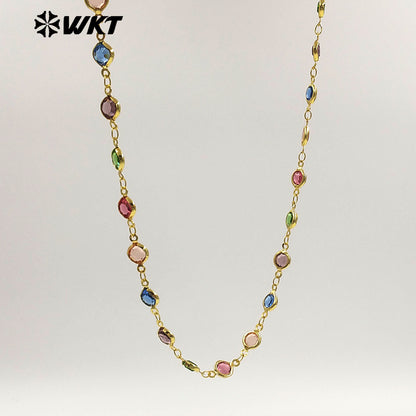 WT-BC281 Beautiful Colorful Round Crystal And Gold Electroplated Yellow Brass Metal Chain For Elegant Necklaces Making