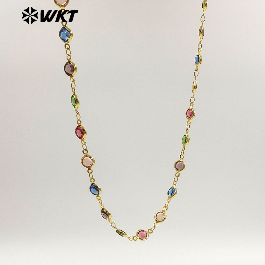 WT-BC281 Beautiful Colorful Round Crystal And Gold Electroplated Yellow Brass Metal Chain For Elegant Necklaces Making