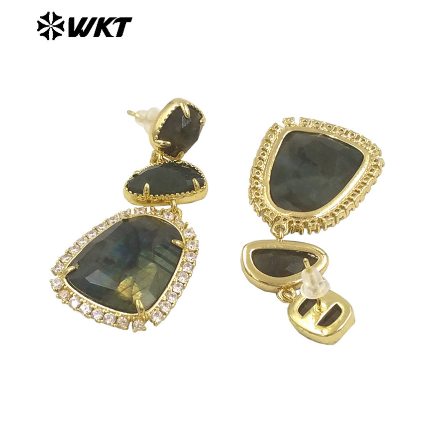 WT-ME109 Multi Color Can Be Choose Natural Amozonite Amethyst Zircon Paved Mid-Length Earrings for Women Banquet Party Decorated