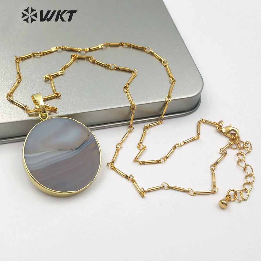 WT-N1150 New Arrival Fashion for Lady Jewelry Round Shape Natural Stone Pendant Natural Color Grey Strip Agate Necklace