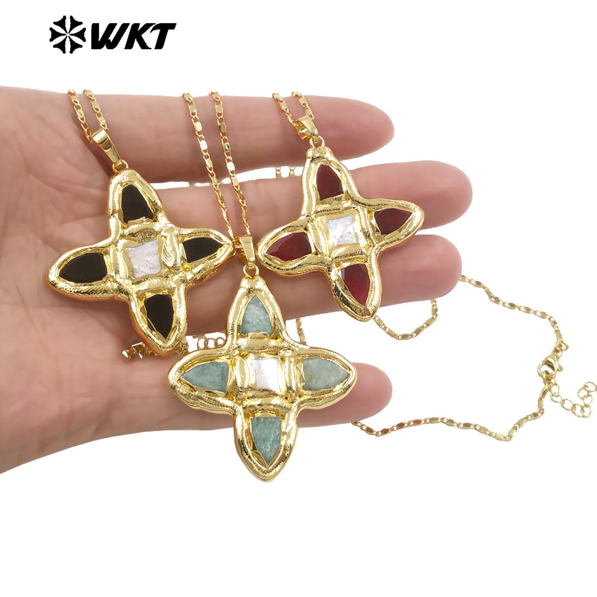 WT-JN363 Hot Sale Delicate Gold Plated Tiger Eye Natural Gemstones And Pearl Cross Pendants Necklace For Ladies Daily Match