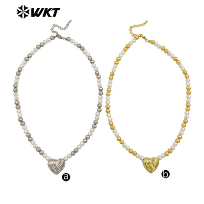WT-JN288 New Design Gold and Silver Artificial Pearl Beads Heart Shape Texture Shell Necklace for Women As Valentine's Day Gift