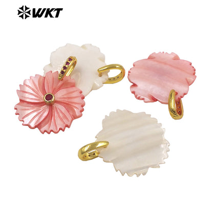 WT-JP477 Fashion Cute Style White And Pink Natural Shell With Zircon Hand Carved Multi Flower Shape Pendants For Necklace DIY
