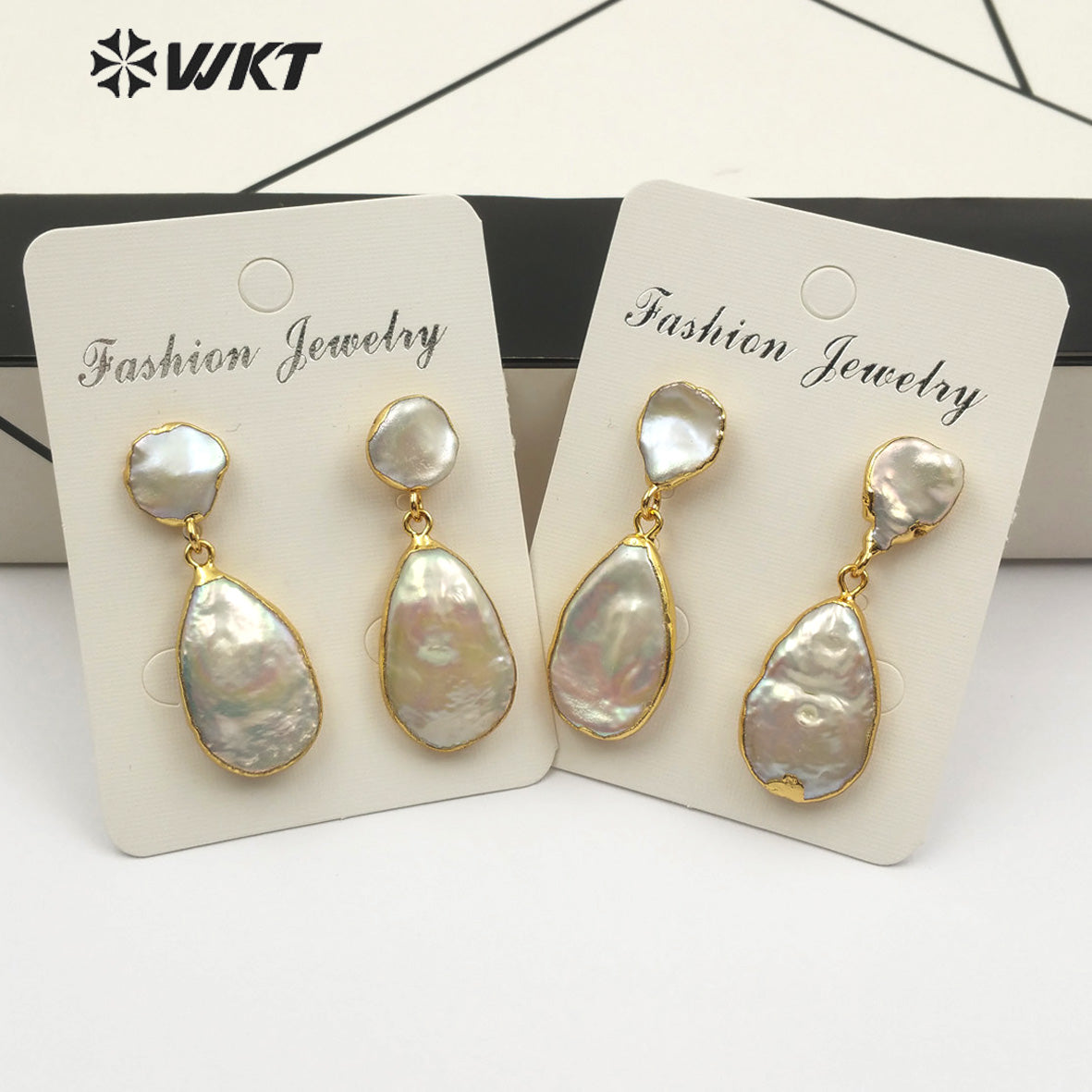 WT-E489 White Pearl Jewelry With Gold Electroplated Bridal Pearl in Teardrop Shape Natural Freshwater Pearl Earring Drop Earring