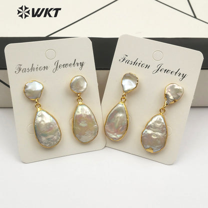 WT-E489 White Pearl Jewelry With Gold Electroplated Bridal Pearl in Teardrop Shape Natural Freshwater Pearl Earring Drop Earring