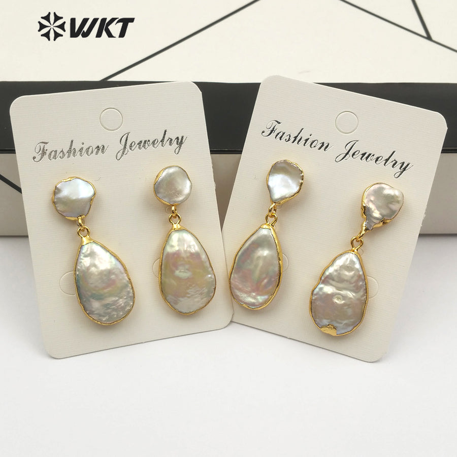 WT-E489 White Pearl Jewelry With Gold Electroplated Bridal Pearl in Teardrop Shape Natural Freshwater Pearl Earring Drop Earring