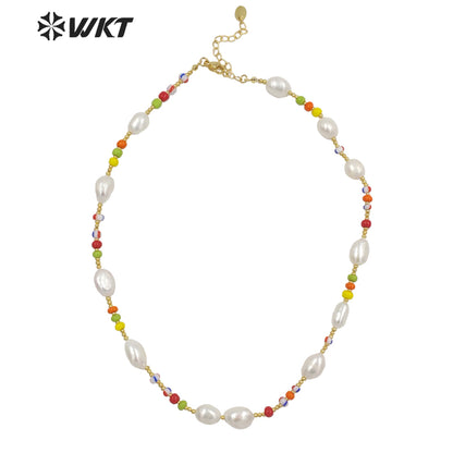 WT-JN199 Distinc Hand Strand Freshwater Pearl Beads Necklace for Lady Vintage Style Candy Ceramic White Pearl Vocation Necklace