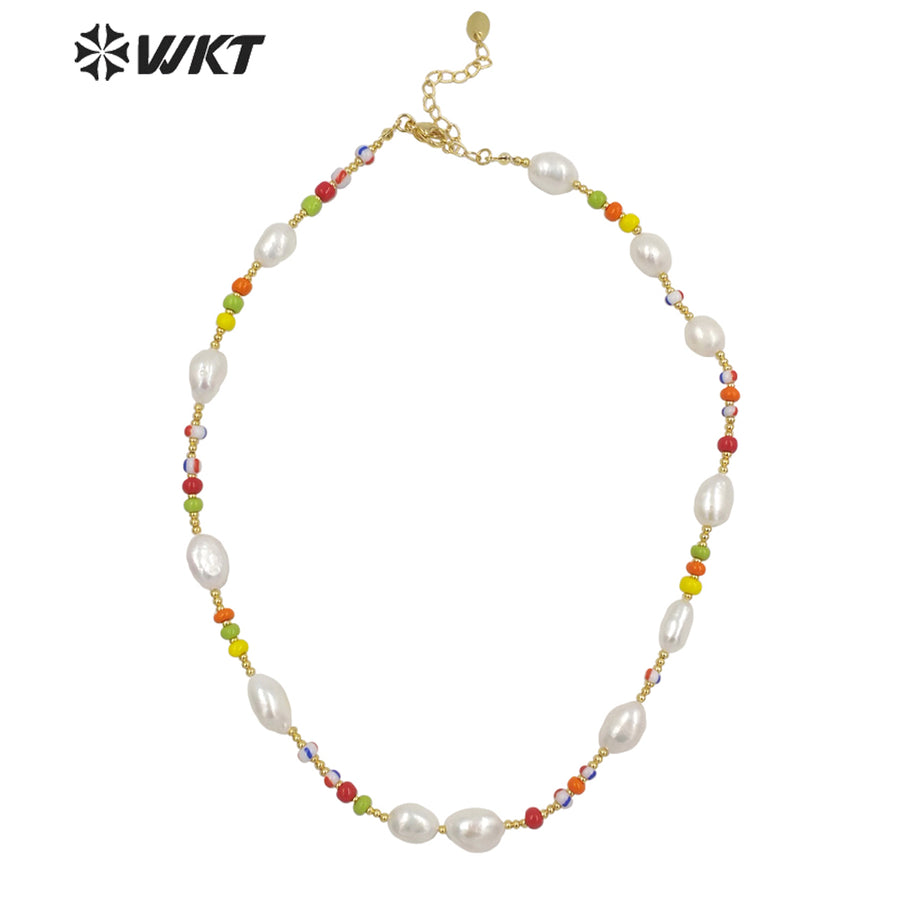 WT-JN199 Distinc Hand Strand Freshwater Pearl Beads Necklace for Lady Vintage Style Candy Ceramic White Pearl Vocation Necklace