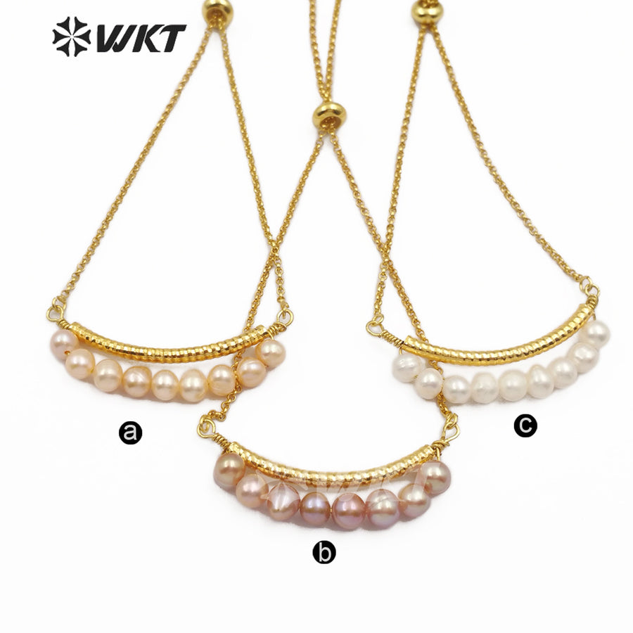 WT-B481 Wholesale Jewelry Pearls Strung in Bends Gold Bracelet Natural Freshwater Pearl Adjustable Bracelet Rose Gold Bracelet