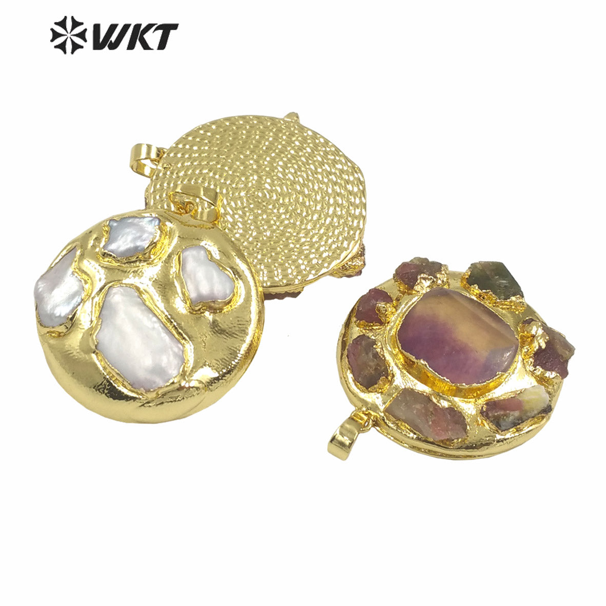 WT-N1448 WKT Exclusive Design Fashion 18K Real Gold Plated Tourmaline&Fluorite Natural Stone Pendant Necklace