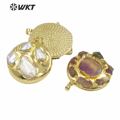 WT-N1448 WKT Exclusive Design Fashion 18K Real Gold Plated Tourmaline&Fluorite Natural Stone Pendant Necklace