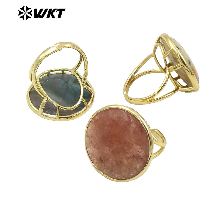 WT-R513 Wholesale New 18k Gold Plated Bezel Setting Natural Big Round Gemstone Lapis Birthday Stone Ring