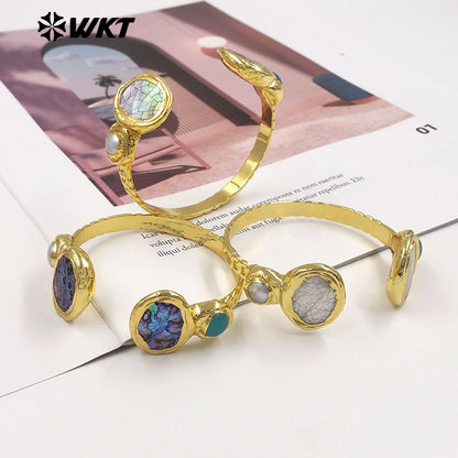 MPB138 Fashion Luxury 18K Gold Plated Natural Shell With Stone And Pearl Cuff Bangles As Women Boho Style Jewelry Gifts