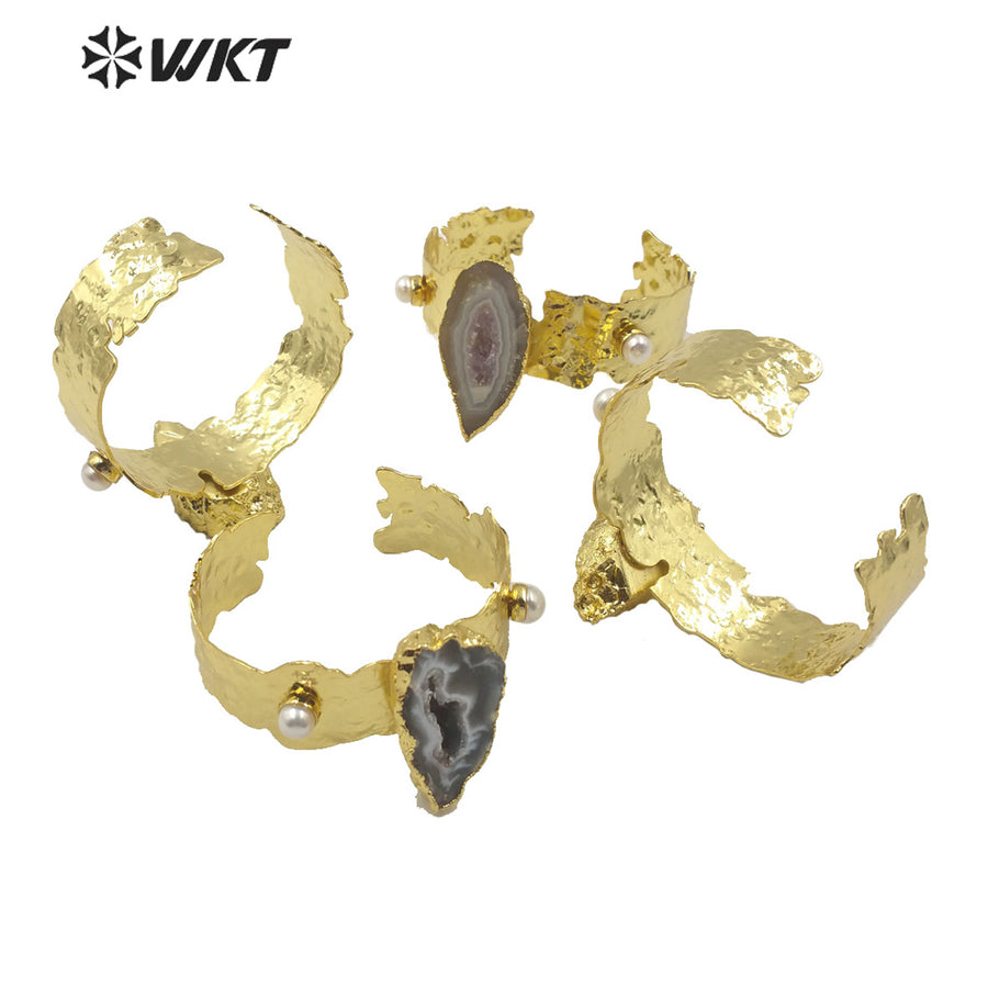 WT-B514 Gorgeous Fashion Gold Plated Natural Stone Bracelet Bangle Supper Chic Geode Agate Bangle for Women