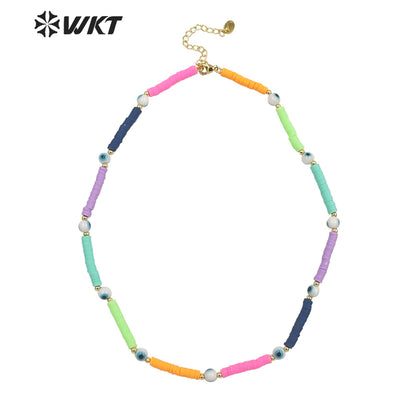 WT-JN207 Fashion Gold rainbow 6mm Space Beads Necklace Healing Turkish Eye Necklace Women Religious 16 Inch Long Choker Necklace