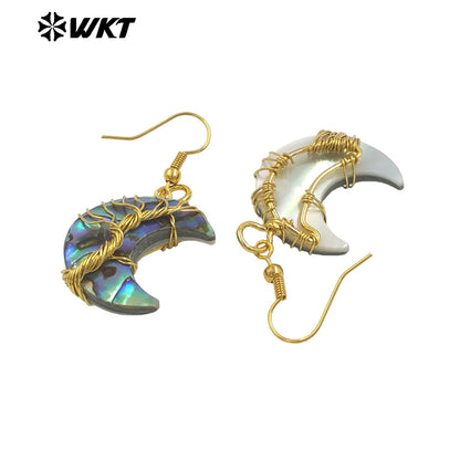WT-MPE160 New Arrival Natural Abalone Shell Women Earrings in Water Drop Moon Shape Gold Plated Wrapping Wire Vintage Jewelry