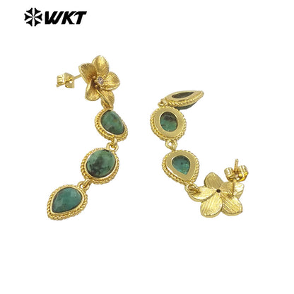 WT-E758 Amazing Fashion 18K Real Gold Plated Resist Tarnishable Multi Stones Earrings Women Birthday Gift Jewelry