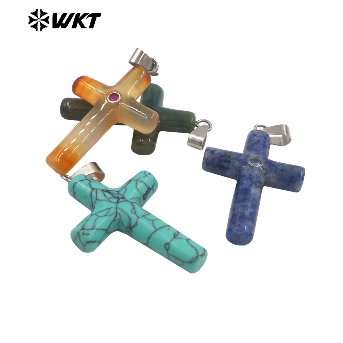 WT-P2070 Religious Style Silver Plated Zircon And Multi Natural Gemstones Cross Pendants As Boy Girl Handmade Jewelry Making
