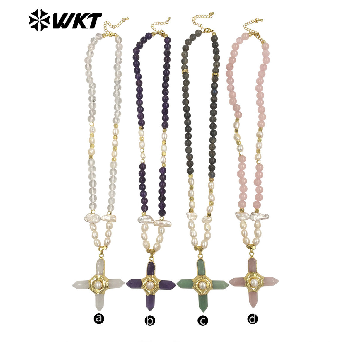 WT-JN375 High Quality Women Beautiful Gold Plated Natural Gemstones And Pearl Splicing Chain With Stone Cross Pendant Necklace