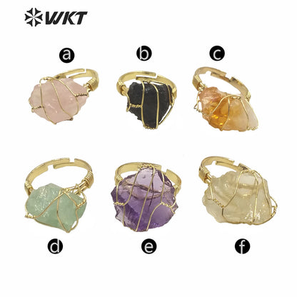 WT-R366 WKT New Design Gold Hand Make Wire Wrapped Mineral Stone Ring Women Fashion Hot Raw Quartz Fluorite Ring