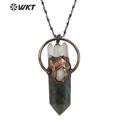 WT-N1262 Women Bohemian Style Natural Labradorite Point Stone Necklace with Antique Copper Plated Lady Retro Stone Necklace