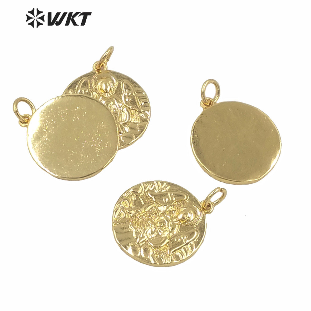 WT-MP150 Unique Full Gold Electroplated Yellow Brass Metal Base Round Tiny Coin Pendant Hot Gold Women Fashion Christian Angel