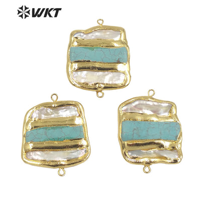 WT-JP286 WKT Noble While Pearl and GreenTurquoise Fashion Connector Double Hook Fine Pendants for Necklace Making