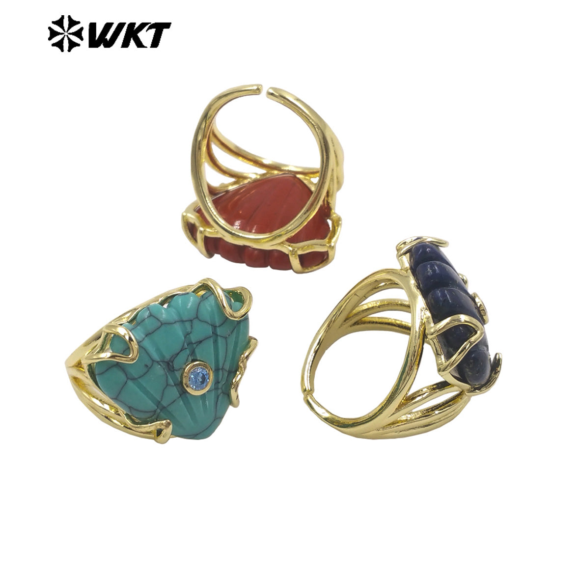WT-R614 Lovely Design Gold Plated Colorful Zircon And Natural Gemstones Shell Shape Rings For Lady Wedding Wearing Accessory