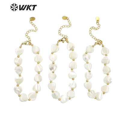 WT-MPB063 Unique Bohemian Vintage White Shell Made Heart Bracelet with Clasp Gold Strand Beads Heart Jewelry Women Bracelets