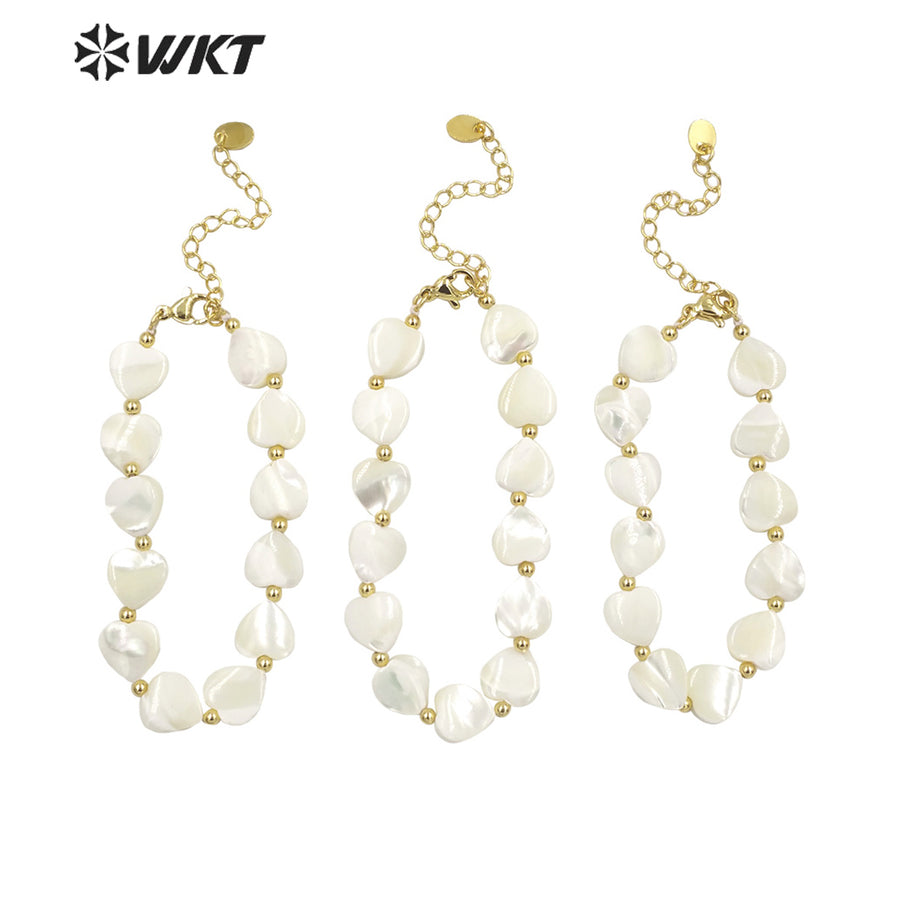 WT-MPB063 Unique Bohemian Vintage White Shell Made Heart Bracelet with Clasp Gold Strand Beads Heart Jewelry Women Bracelets