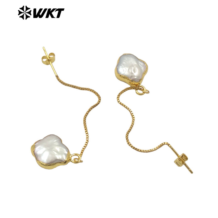WT-MPE153 High Quality Natural Freshwater Pearl Long Earrings Gold Plated Double Design for Elegant Ladies Tiny Charm Jewelry