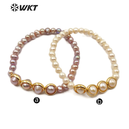 WT-B497 Wholesale Natural Pearl Bracelets Two Color With Gold Electroplated Women Stylish Charm Freshwater Pearl Bracelet
