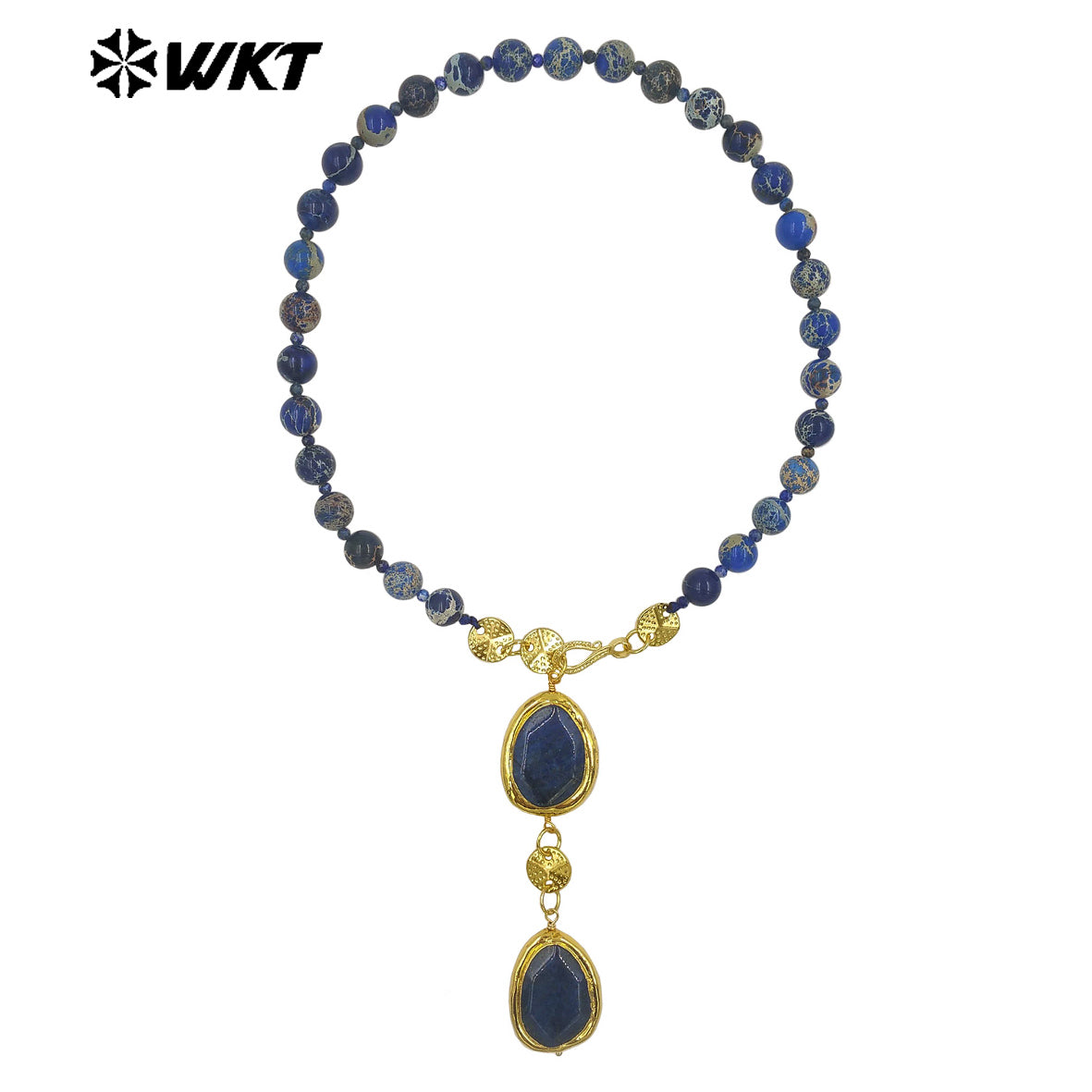 WT-N1505 Popular Boutique Natural Ocean Jasper Stone Beads With Gold Plated Lapis Pendant Necklace As Women Anniversary Gift