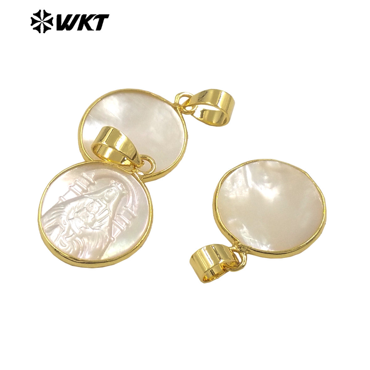 WT-JP376 WKT New Developed Natural Pearl Shell Carved Christian Religious Necklace Pendant Gold Anniversary Gift