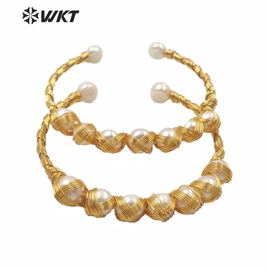 MPB011 Popular Gold Fashion Hand Make Wire Wrapped Pearl Bangle Bracelet Lady Gold Wrapped Pearl Cuff Bangle As Gift Jewelry