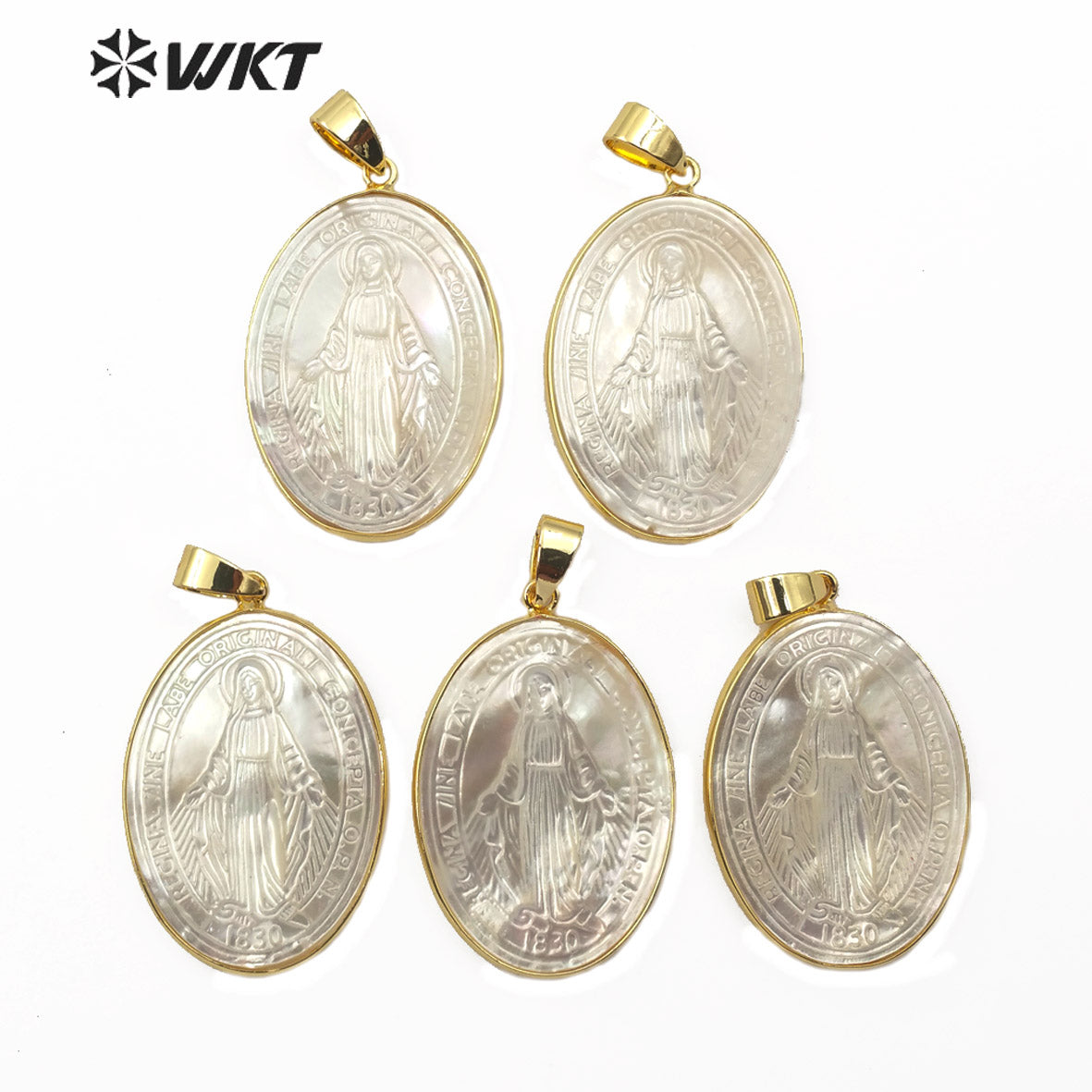 WT-JP177 Wholesale Hand Make Carved Virgin of Maria Pendant 18k Gold Bezel Oval Shape Pearl Shell Maria Pendants