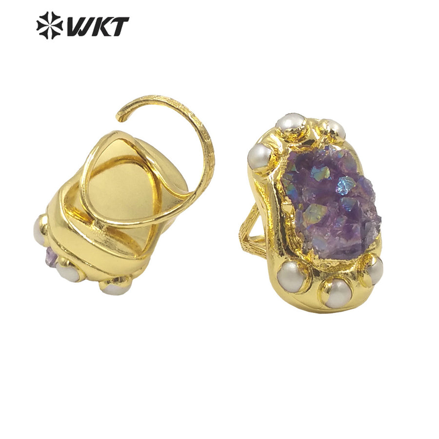 WT-R502 Fashion Women 18K Real Gold Plated Long Shape Natural Aura Druzy Amethyst Stone Ring With Freshwater Pearl Charms Around