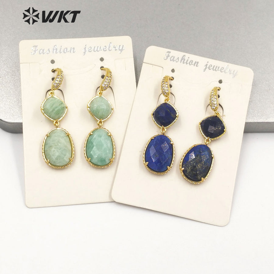 WT-E687 Wholesale Fashion Natural Amazonist Stone Earrings Women Amethyst Double Stone Prong Setting Gorgeous Earrings