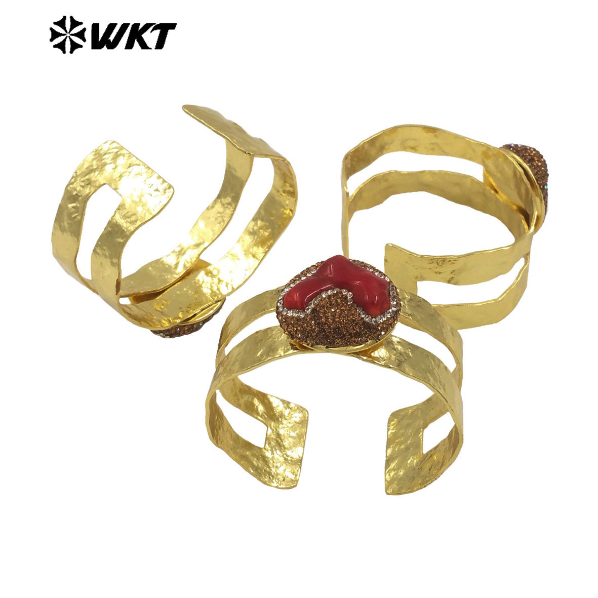 MPB104 WKT Unique Special Design Bohemian Vintage Natural Red Coral With Rhinestone Pave Gold Women Bangle