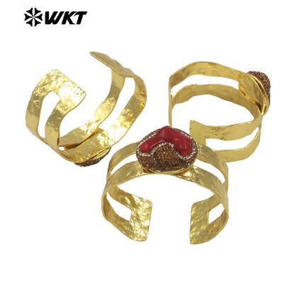 MPB104 WKT Unique Special Design Bohemian Vintage Natural Red Coral With Rhinestone Pave Gold Women Bangle