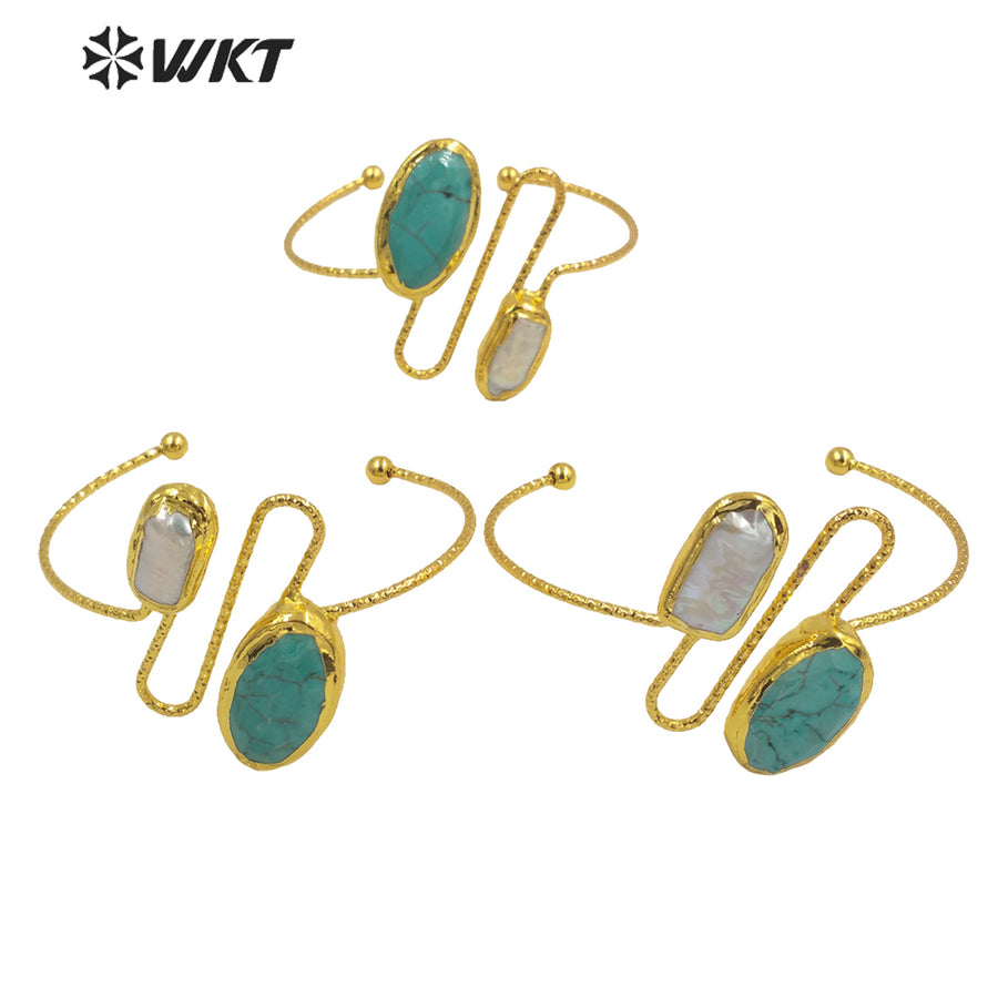 WT-MPB035 Amazing 18k Gold Electroplated Resist Tarnishable Turquoise and Pearl Cuff Bangle Gorgeous Gold Fashion Stone Bangle
