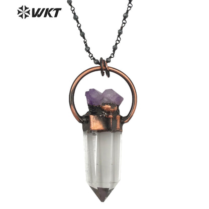 WT-N1263 Women Antique Copper Plated Crystal Quartz with Amethyst Necklace Boho Vintage Natural Quartz Point Necklace